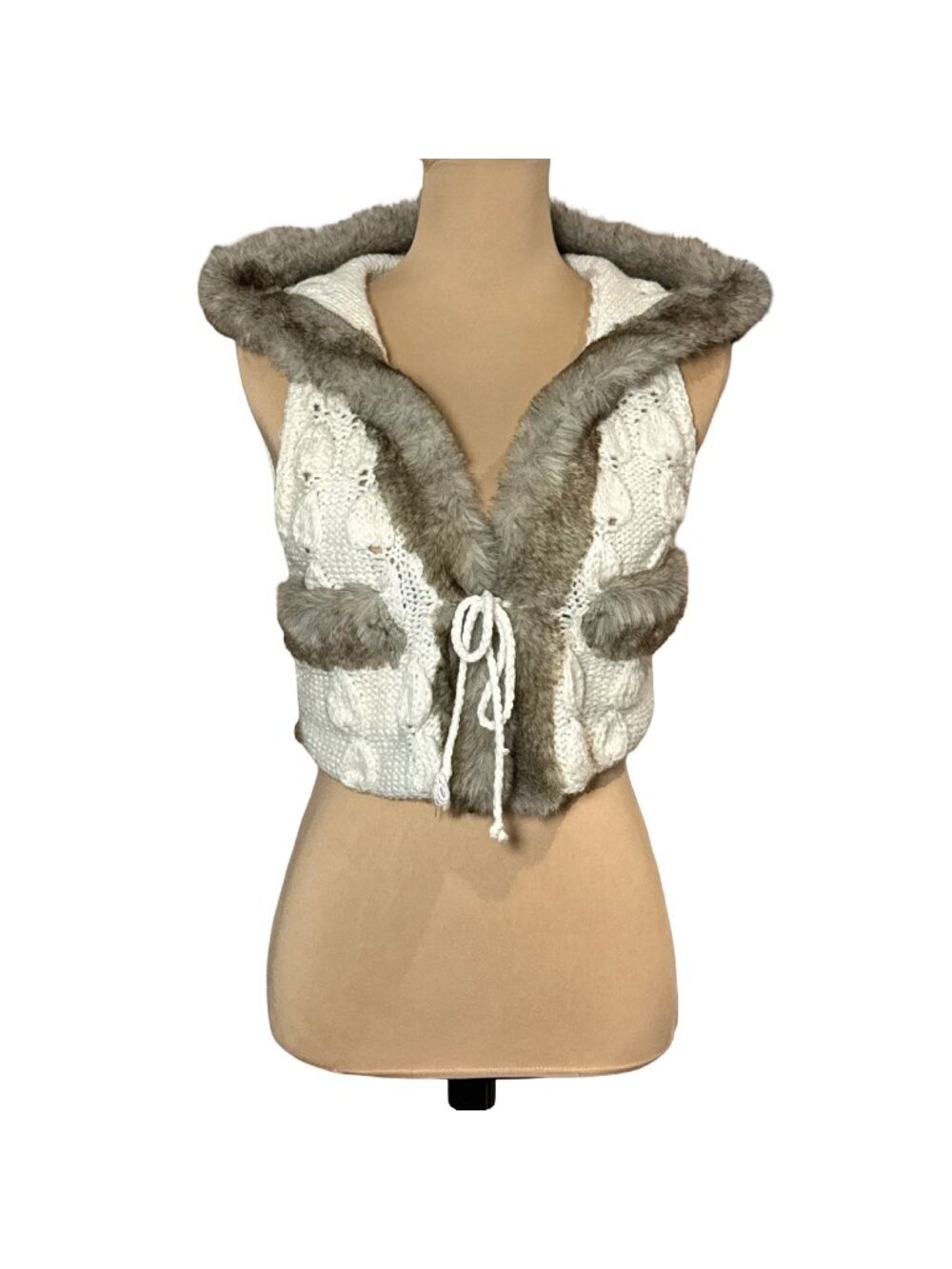 Y2K Fairy Grunge Fur Trim Cable Knit Cropped Sweater Vest M Hooded